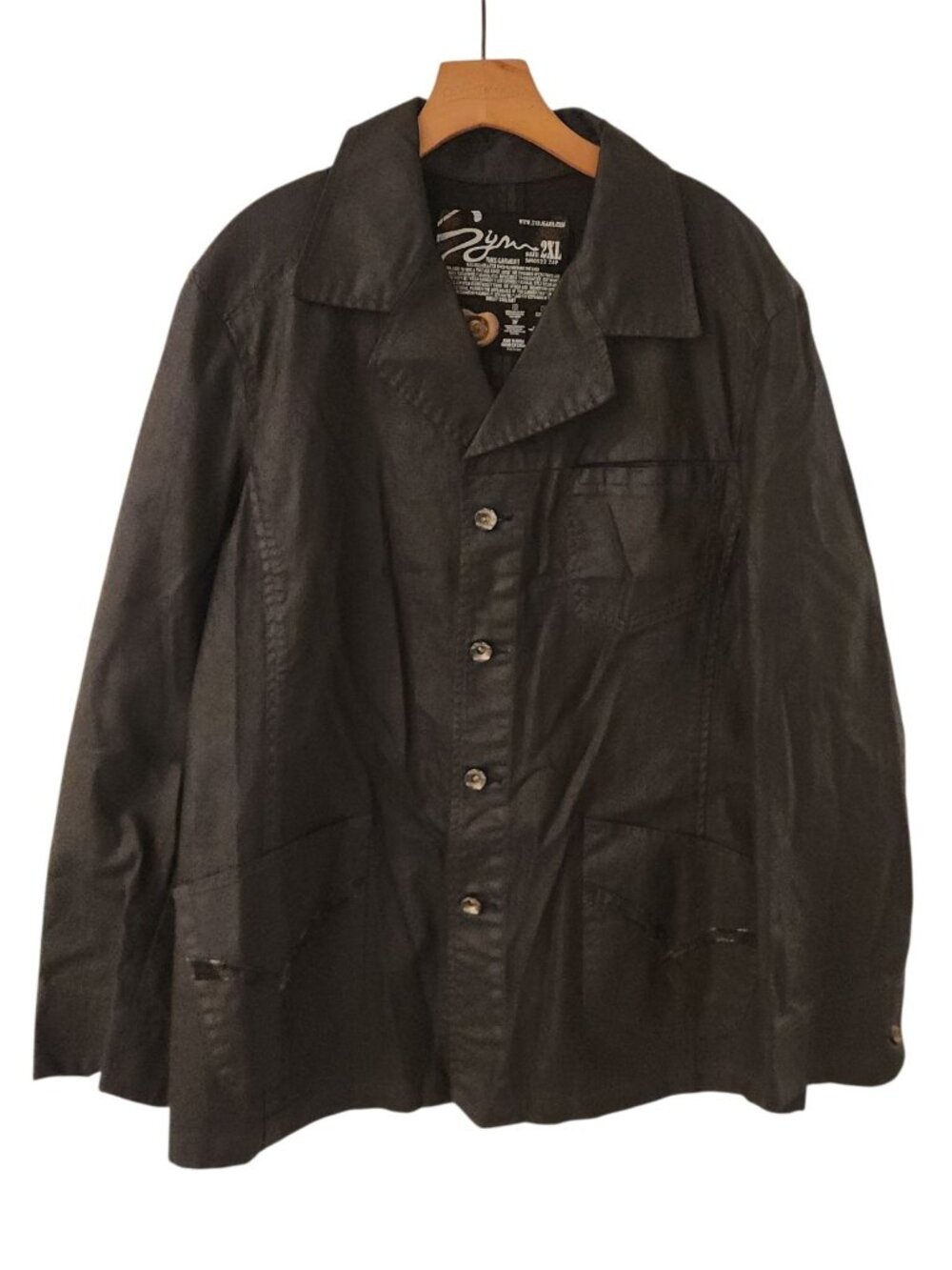 SYN Jeans Waxed Denim Jacket Black Mid Length Blazer Biker Buttons Mens‎ 2XL NEW